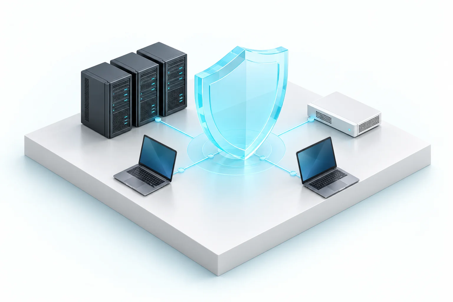 Concept illustration of network and endpoint devices protected by a translucent cyan shield