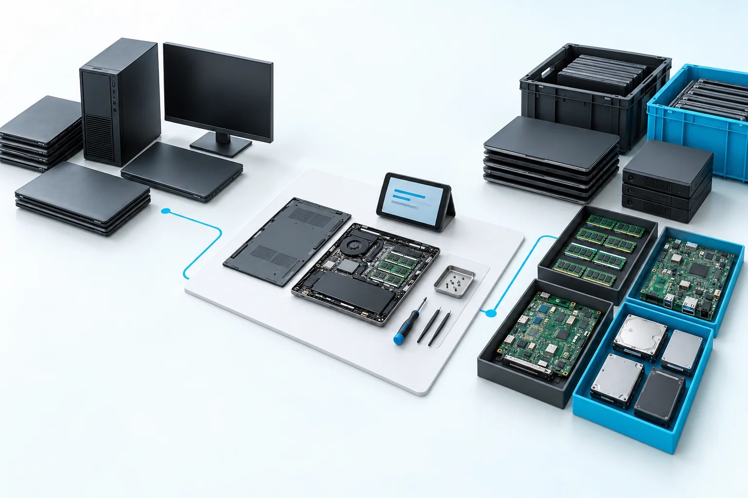 Concept illustration of computers and components sorted for reuse and recycling